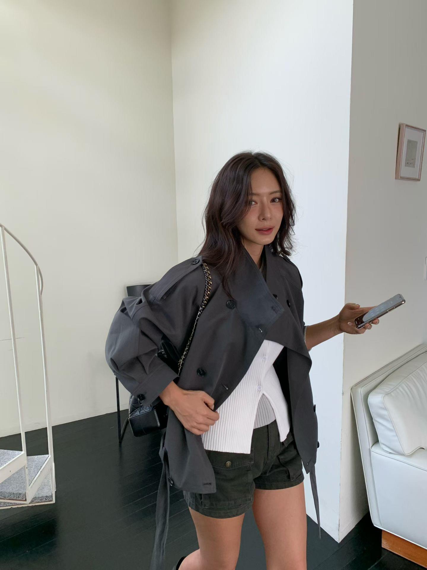 下擺綁帶翻領風衣外套